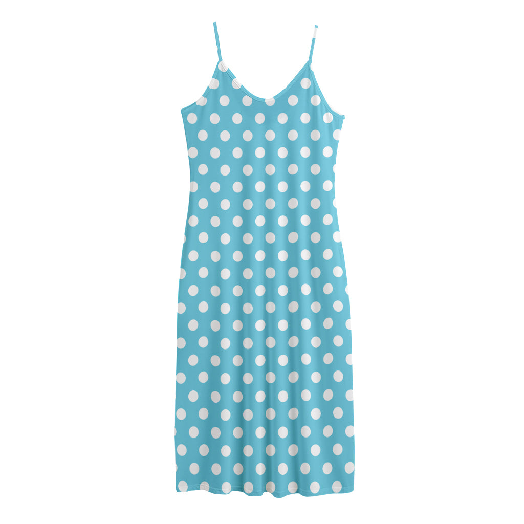 Cyan And White Polka Dot Pattern Print Jersey Midi Cami Dress