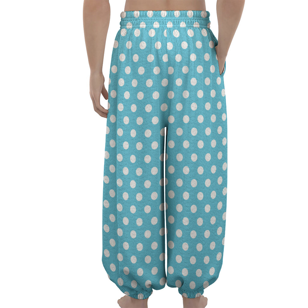 Cyan And White Polka Dot Pattern Print Lantern Pants