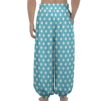 Cyan And White Polka Dot Pattern Print Lantern Pants