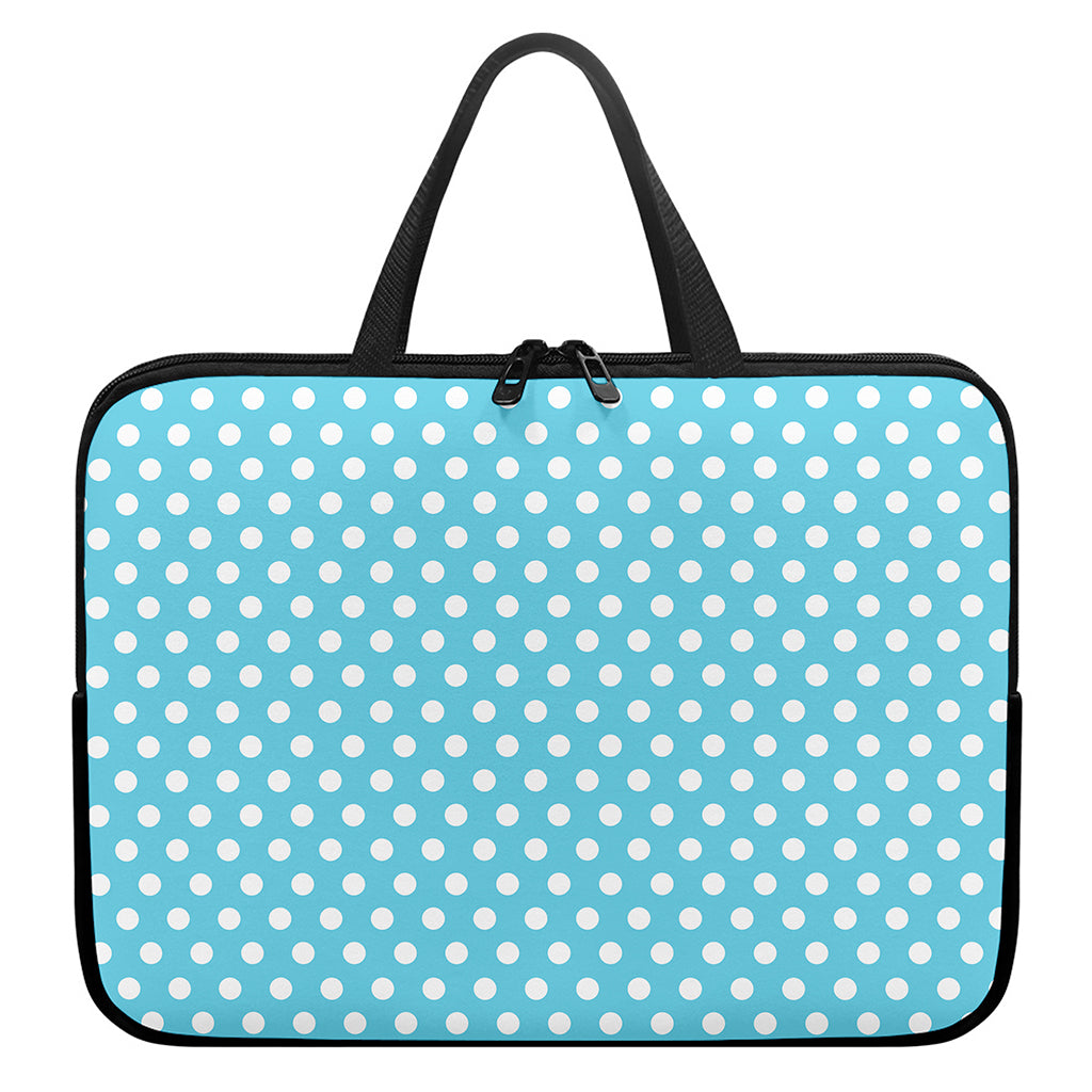 Cyan And White Polka Dot Pattern Print Laptop Sleeve With Handle