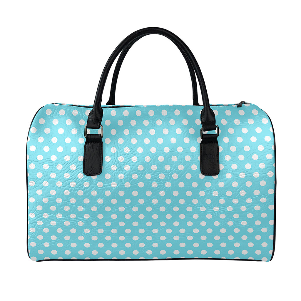 Cyan And White Polka Dot Pattern Print Leather Duffle Bag