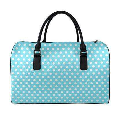 Cyan And White Polka Dot Pattern Print Leather Duffle Bag