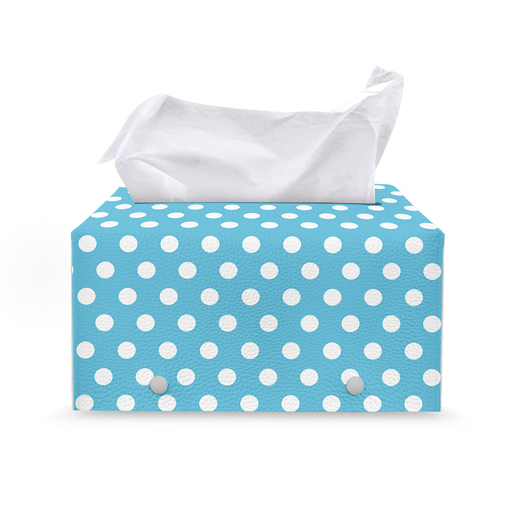 Cyan And White Polka Dot Pattern Print Leather Tissue Box Cover