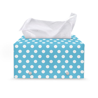 Cyan And White Polka Dot Pattern Print Leather Tissue Box Cover