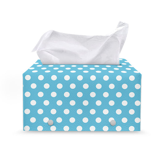 Cyan And White Polka Dot Pattern Print Leather Tissue Box Cover