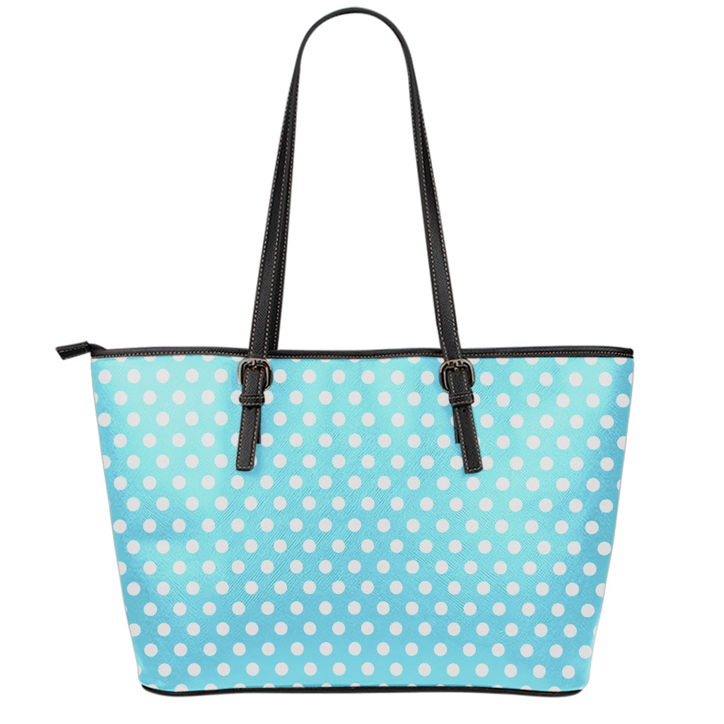 Cyan And White Polka Dot Pattern Print Leather Tote Bag