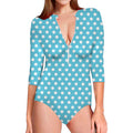 Cyan And White Polka Dot Pattern Print Long Sleeve Swimsuit