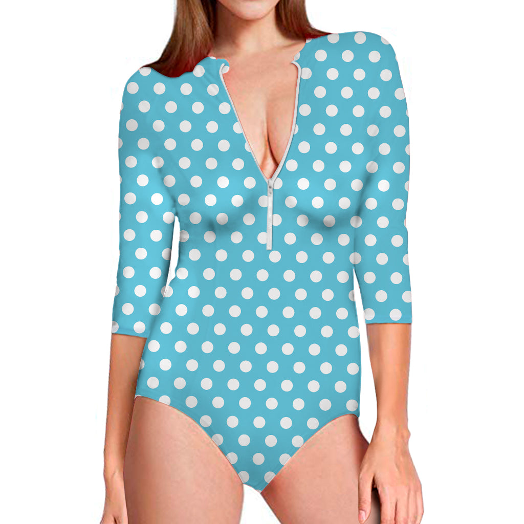 Cyan And White Polka Dot Pattern Print Long Sleeve Swimsuit