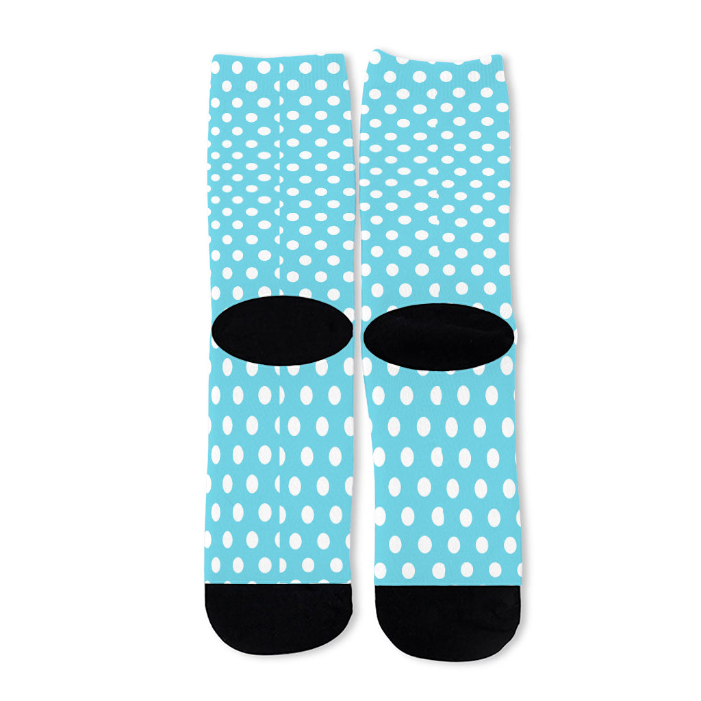 Cyan And White Polka Dot Pattern Print Long Socks