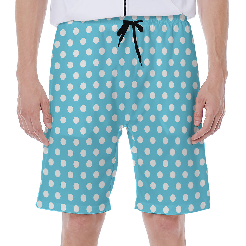 Cyan And White Polka Dot Pattern Print Men's Beach Shorts