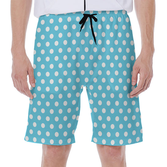 Cyan And White Polka Dot Pattern Print Men's Beach Shorts