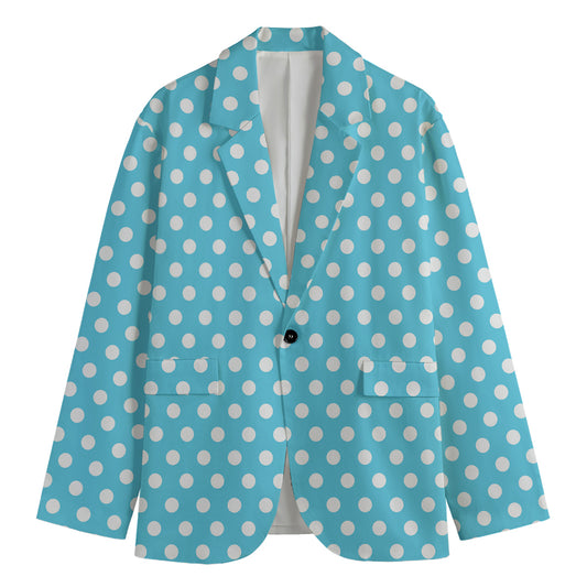 Cyan And White Polka Dot Pattern Print Men's Cotton Blazer