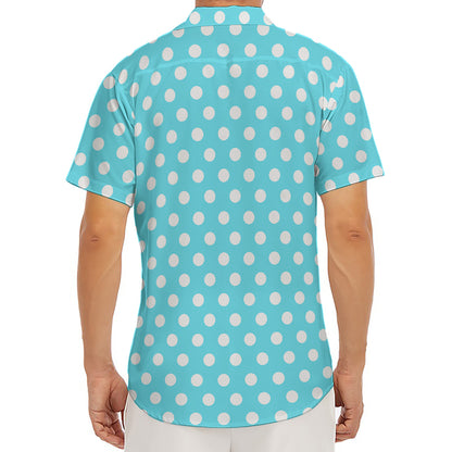 Cyan And White Polka Dot Pattern Print Men's Deep V-Neck Shirt