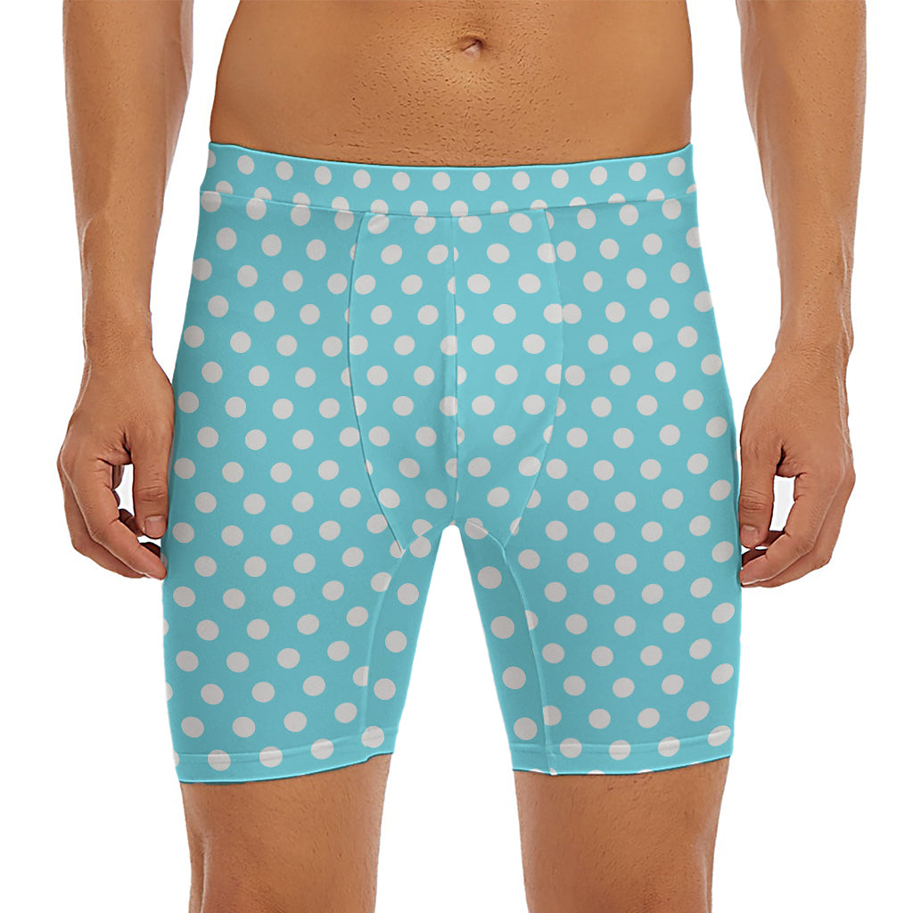 Cyan And White Polka Dot Pattern Print Men's Long Boxer Briefs