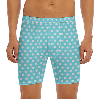 Cyan And White Polka Dot Pattern Print Men's Long Boxer Briefs