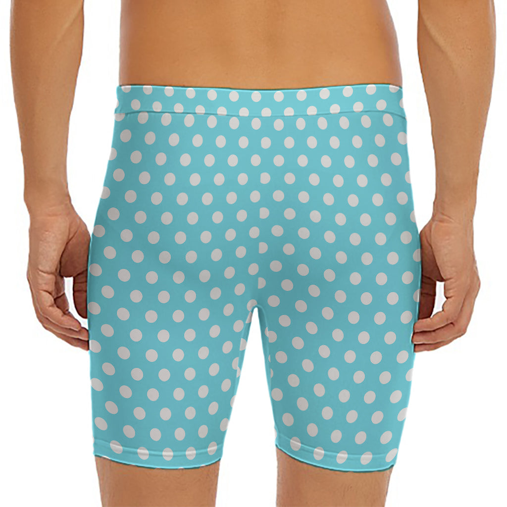Cyan And White Polka Dot Pattern Print Men's Long Boxer Briefs