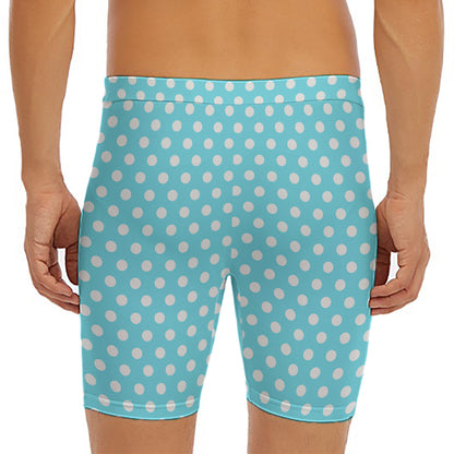 Cyan And White Polka Dot Pattern Print Men's Long Boxer Briefs