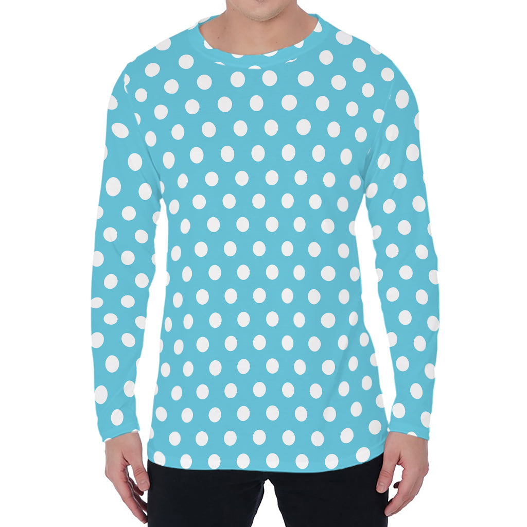 Cyan And White Polka Dot Pattern Print Men's Long Sleeve T-Shirt