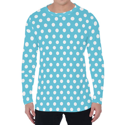 Cyan And White Polka Dot Pattern Print Men's Long Sleeve T-Shirt