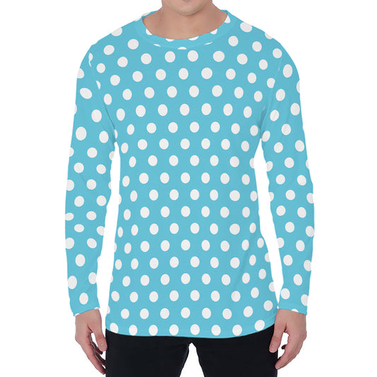 Cyan And White Polka Dot Pattern Print Men's Long Sleeve T-Shirt