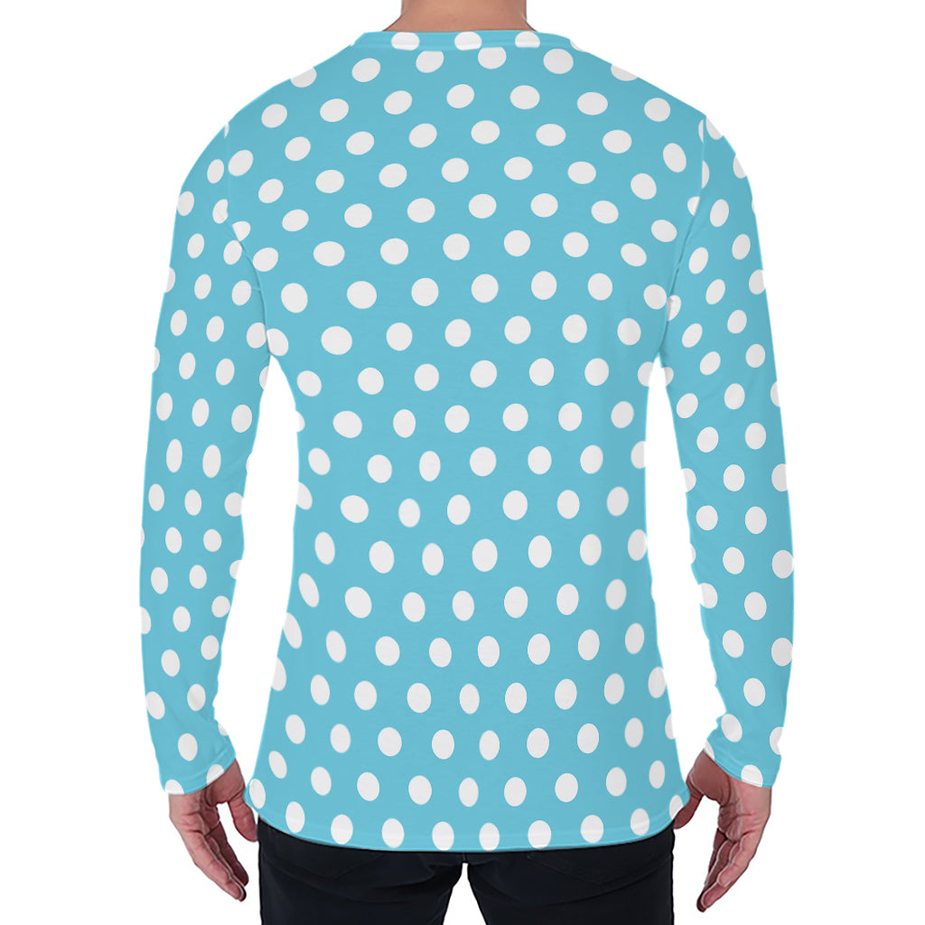 Cyan And White Polka Dot Pattern Print Men's Long Sleeve T-Shirt