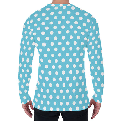 Cyan And White Polka Dot Pattern Print Men's Long Sleeve T-Shirt