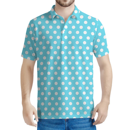 Cyan And White Polka Dot Pattern Print Men's Polo Shirt