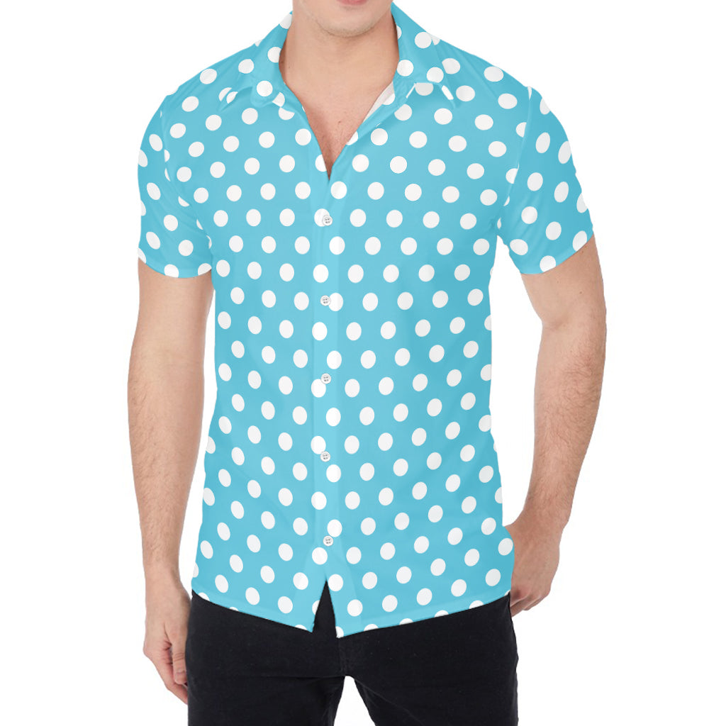Cyan And White Polka Dot Pattern Print Men's Shirt