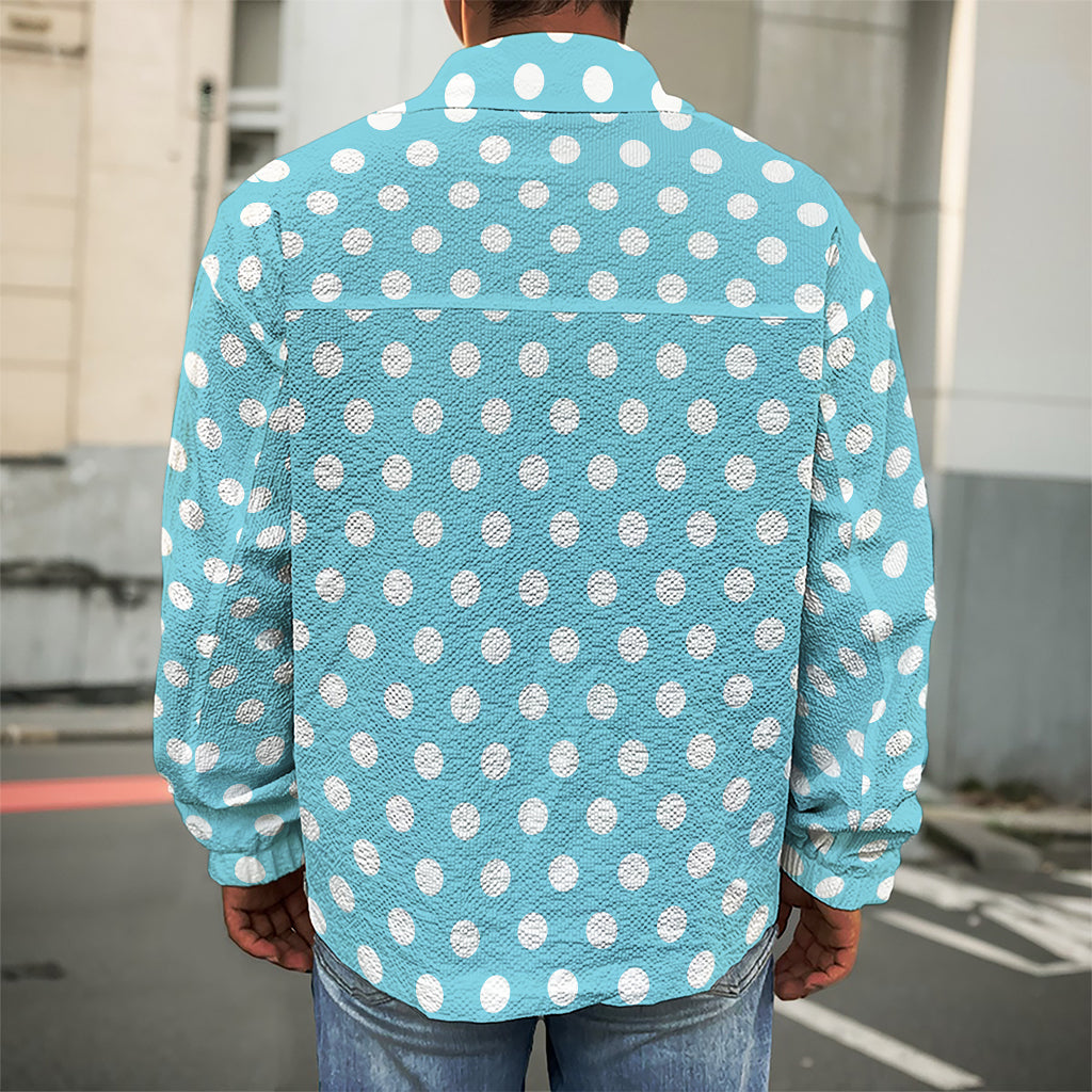 Cyan And White Polka Dot Pattern Print Men's Shirt Jacket