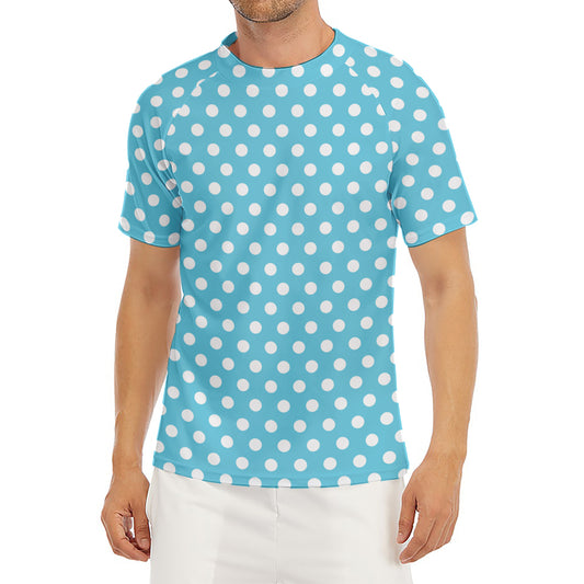 Cyan And White Polka Dot Pattern Print Men's Short Sleeve Rash Guard