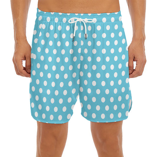 Cyan And White Polka Dot Pattern Print Men's Split Running Shorts