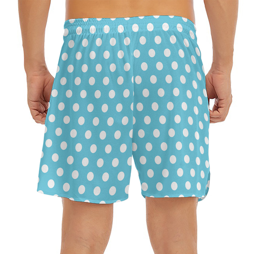 Cyan And White Polka Dot Pattern Print Men's Split Running Shorts