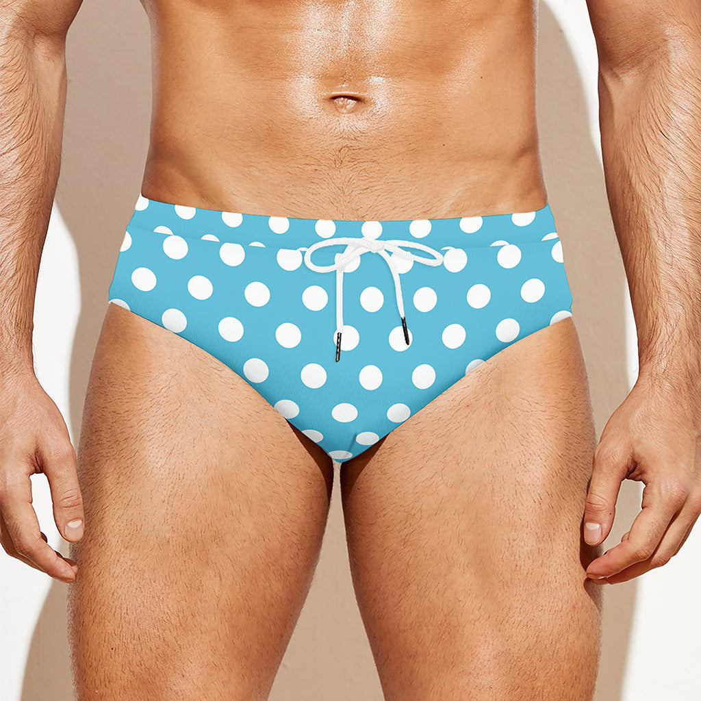Cyan And White Polka Dot Pattern Print Men's Swim Briefs