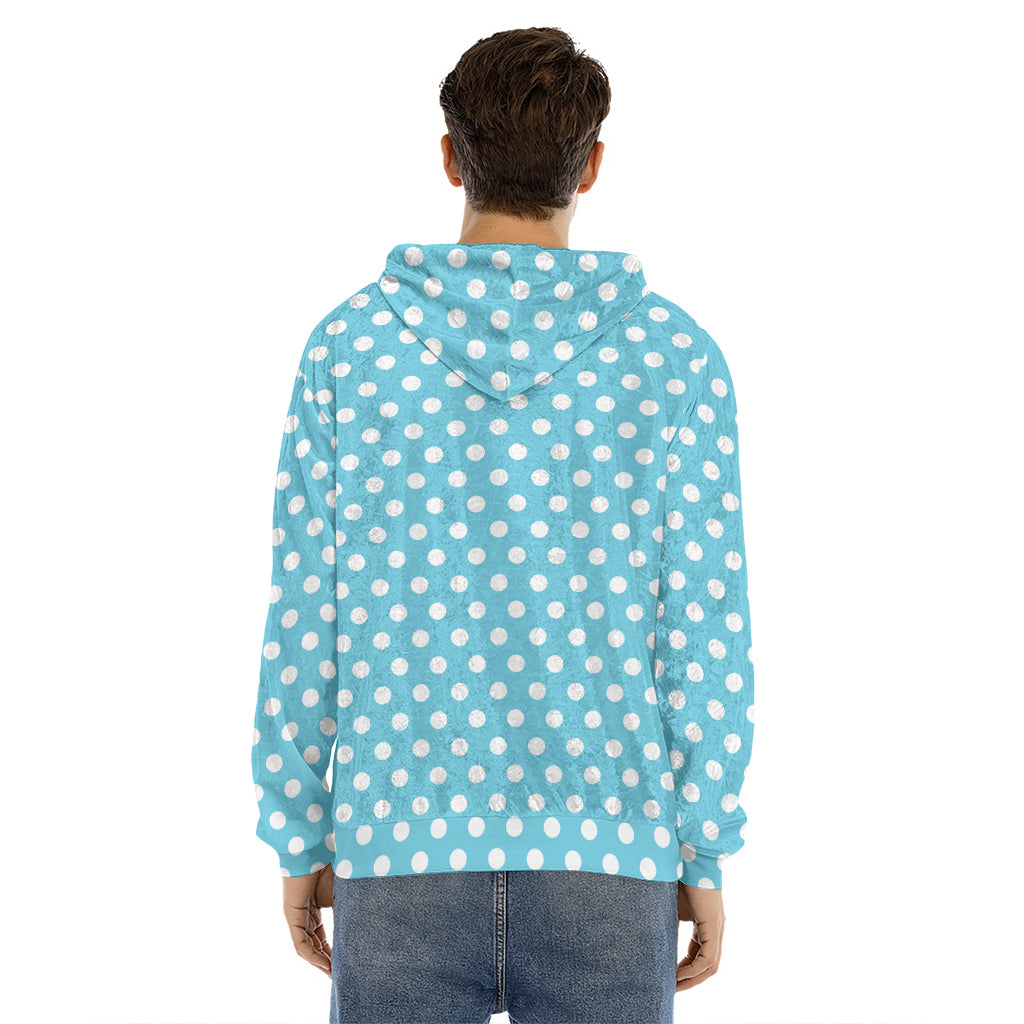 Cyan And White Polka Dot Pattern Print Men's Velvet Pullover Hoodie