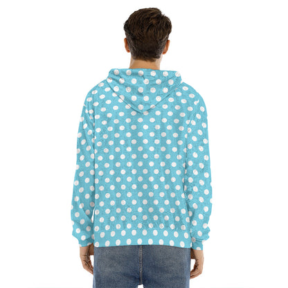 Cyan And White Polka Dot Pattern Print Men's Velvet Pullover Hoodie
