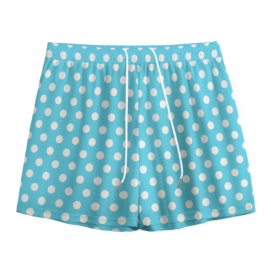 Cyan And White Polka Dot Pattern Print Mesh Shorts