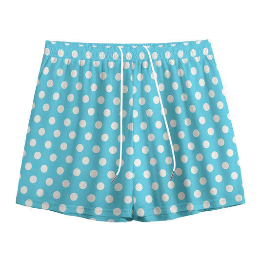 Cyan And White Polka Dot Pattern Print Mesh Shorts