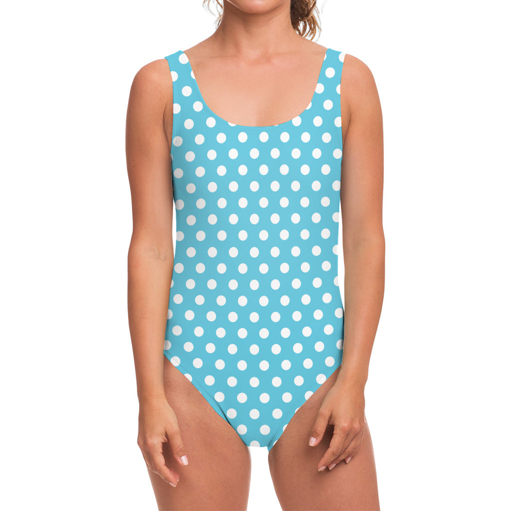 Cyan And White Polka Dot Pattern Print One Piece Swimsuit