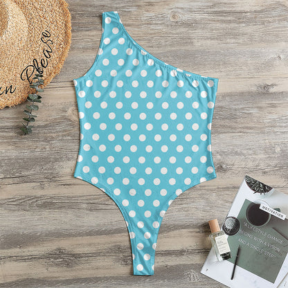 Cyan And White Polka Dot Pattern Print One Shoulder Bodysuit