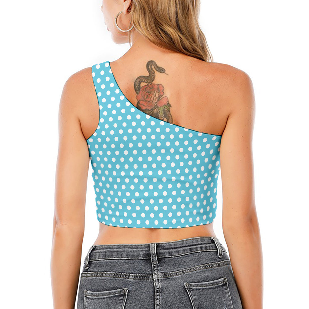 Cyan And White Polka Dot Pattern Print One Shoulder Crop Top