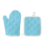 Cyan And White Polka Dot Pattern Print Oven Mitt And Pot Holder Set