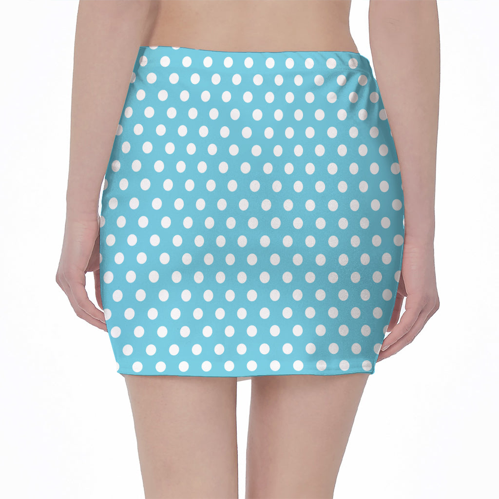 Cyan And White Polka Dot Pattern Print Pencil Mini Skirt