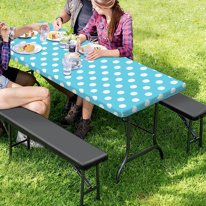 Cyan And White Polka Dot Pattern Print Picnic Table Cover