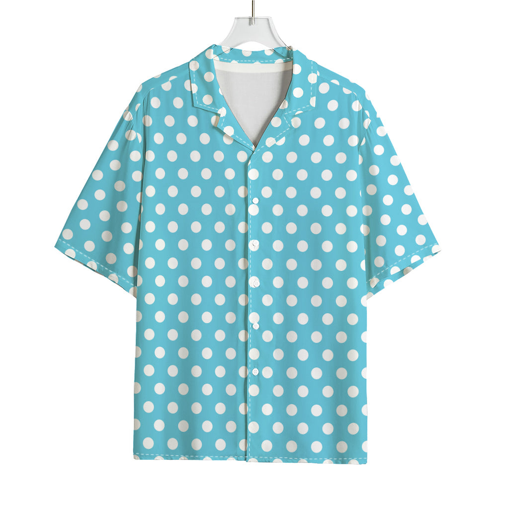 Cyan And White Polka Dot Pattern Print Rayon Hawaiian Shirt