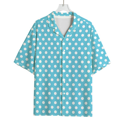 Cyan And White Polka Dot Pattern Print Rayon Hawaiian Shirt