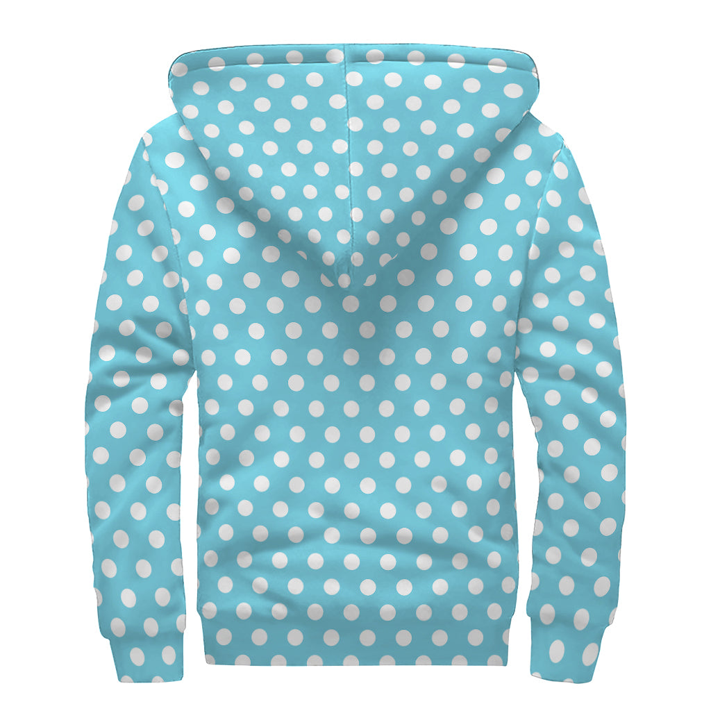 Cyan And White Polka Dot Pattern Print Sherpa Lined Zip Up Hoodie