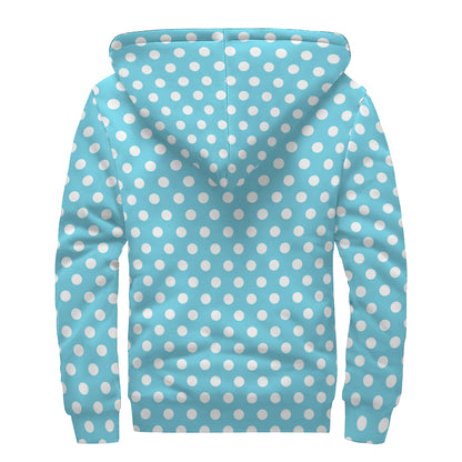 Cyan And White Polka Dot Pattern Print Sherpa Lined Zip Up Hoodie