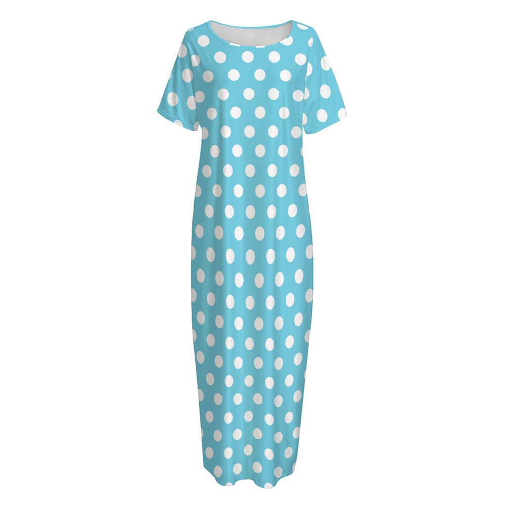 Cyan And White Polka Dot Pattern Print Short Sleeve Long Nightdress