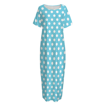 Cyan And White Polka Dot Pattern Print Short Sleeve Long Nightdress