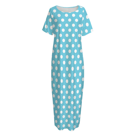 Cyan And White Polka Dot Pattern Print Short Sleeve Long Nightdress